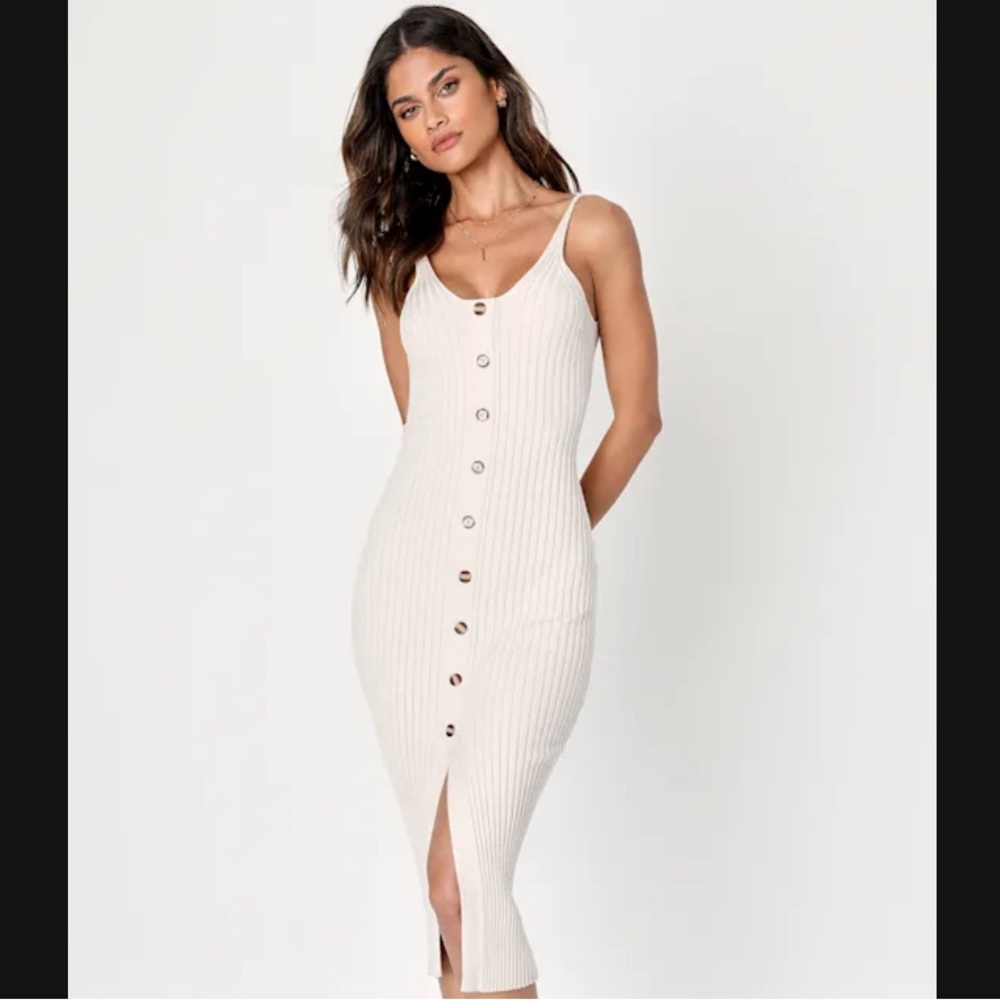 Lulus Beige Ribbed Button-Front Midi Dress
